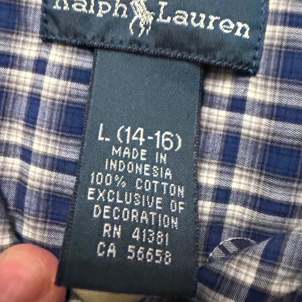 Ralph Lauren Boys Blue White Plaid Button Down Shirt Size L 14-16 Cotton Pony